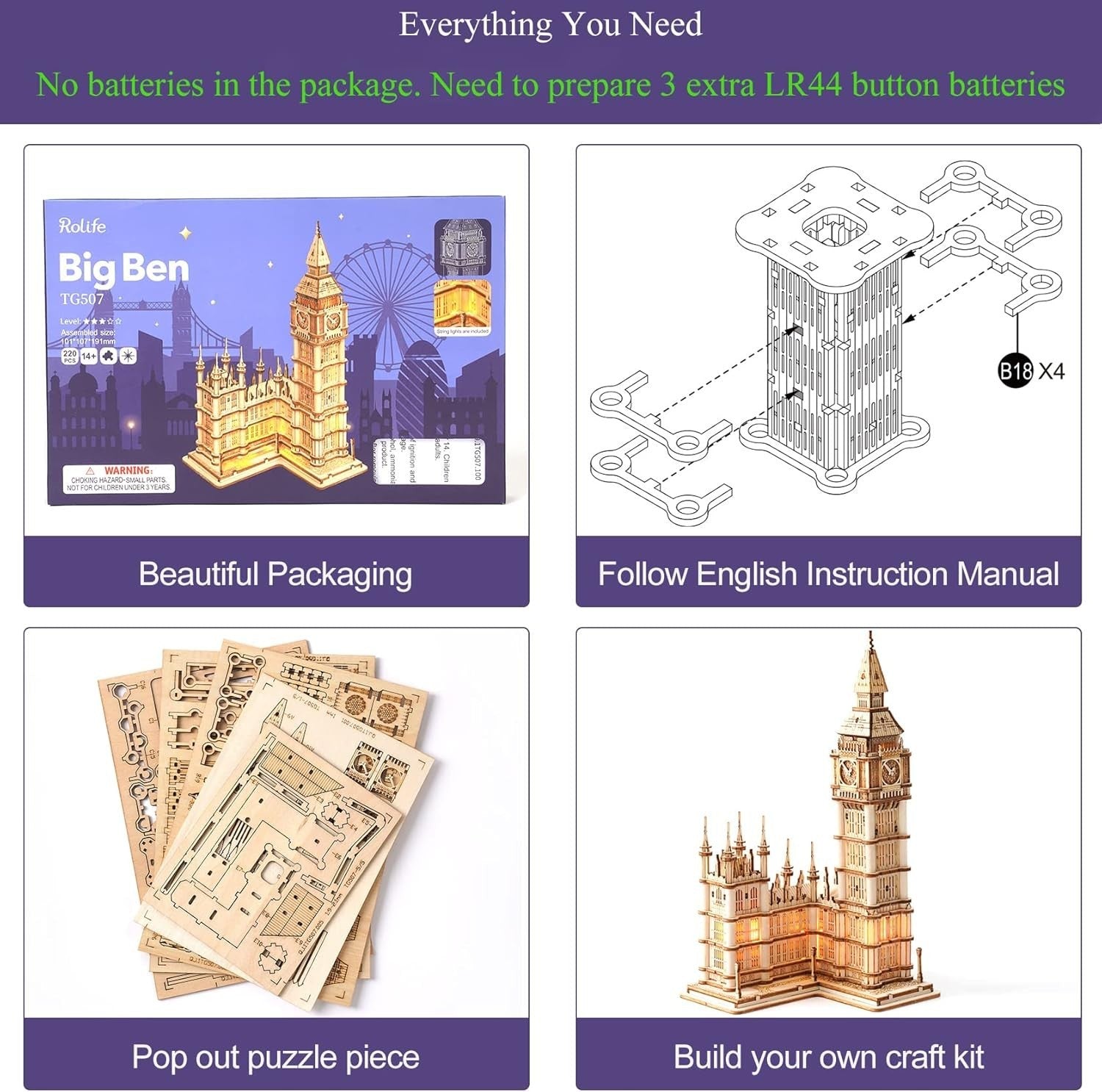 3D Wooden Big Ben Puzzle Model Kit – DIY Craft, 220 Pieces, 10.1x10.7cm