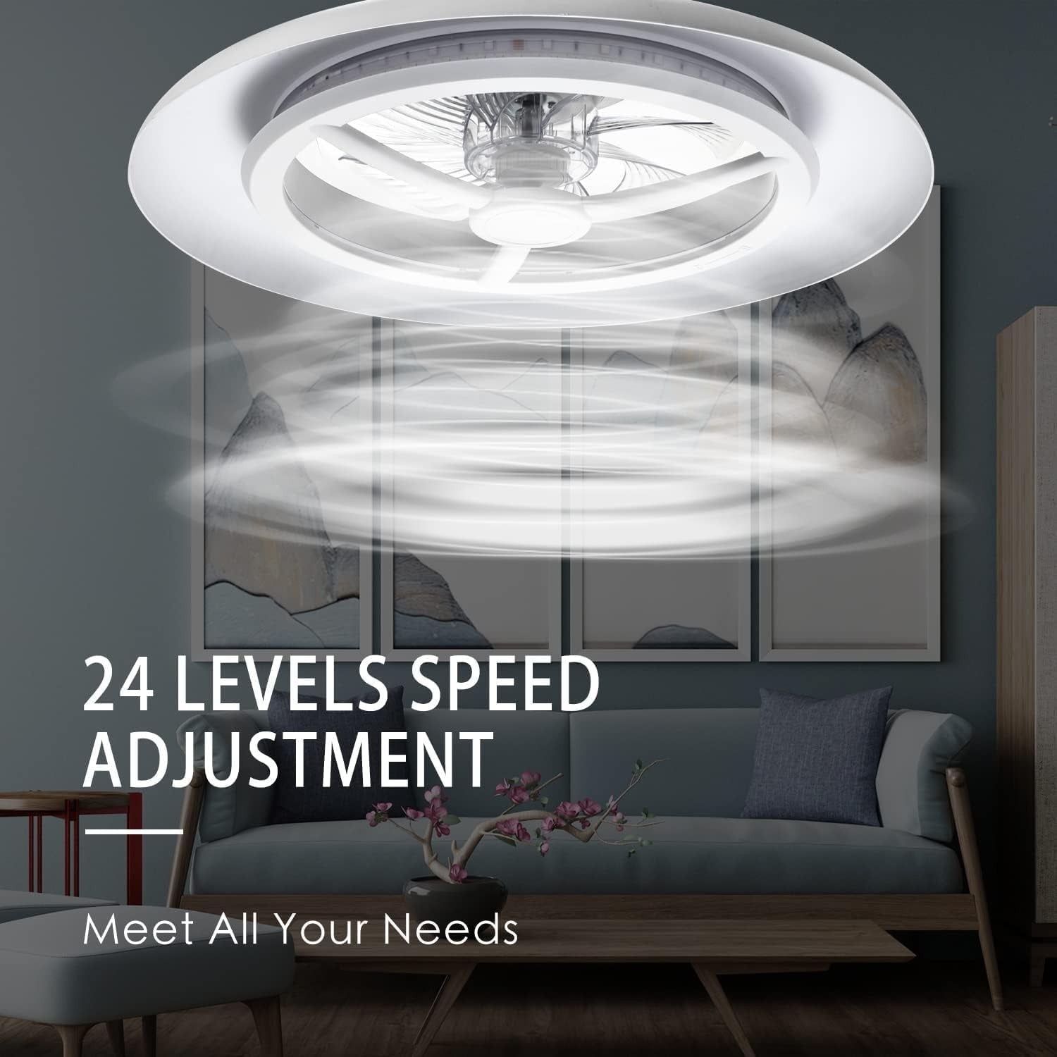 55CM Smart LED Ceiling Fan Light, Stepless Speed & Dimming, White Satin