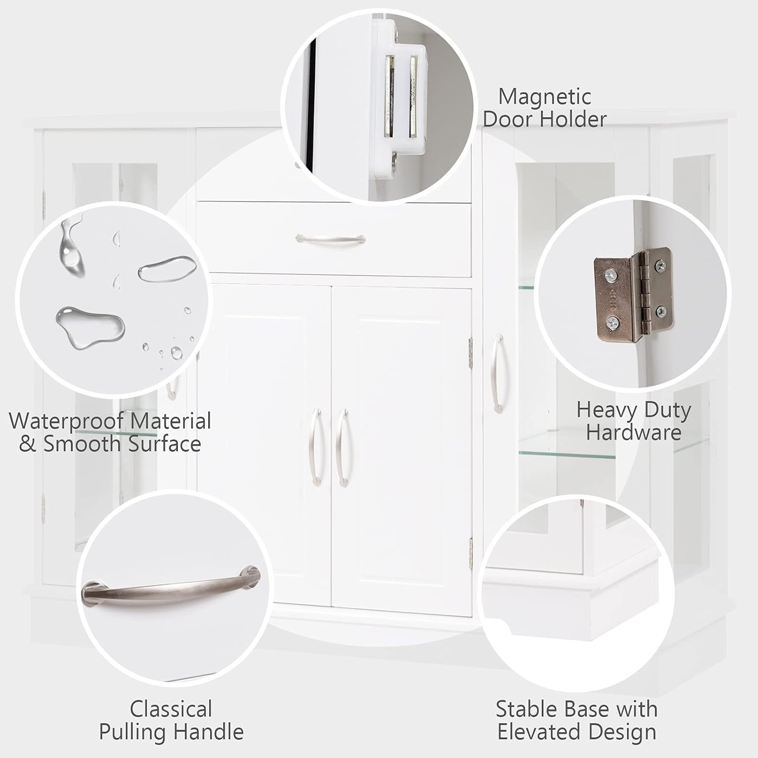 White  Sideboard Buffet Cabinet Glass Doors Storage Unit with Drawers