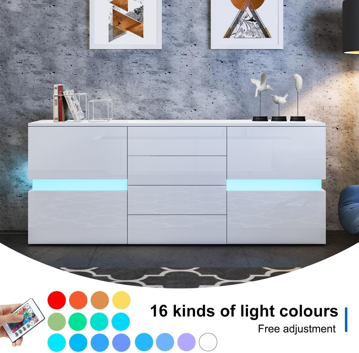 White LED Sideboard Cabinet High Gloss 2 Door 4 Drawer Storage Unit