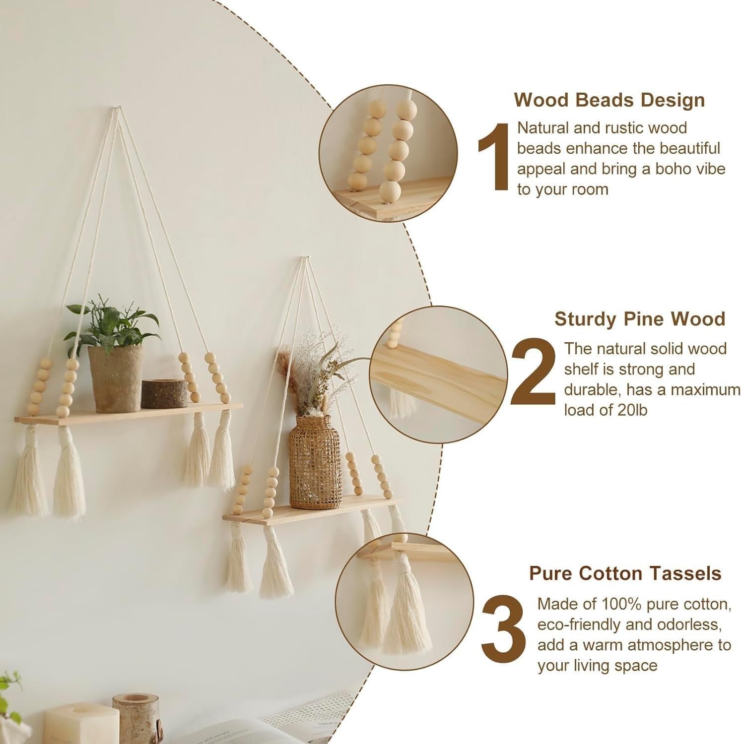 Boho Macrame Hanging Shelves Set of 2 Rustic Wooden Wall Decor