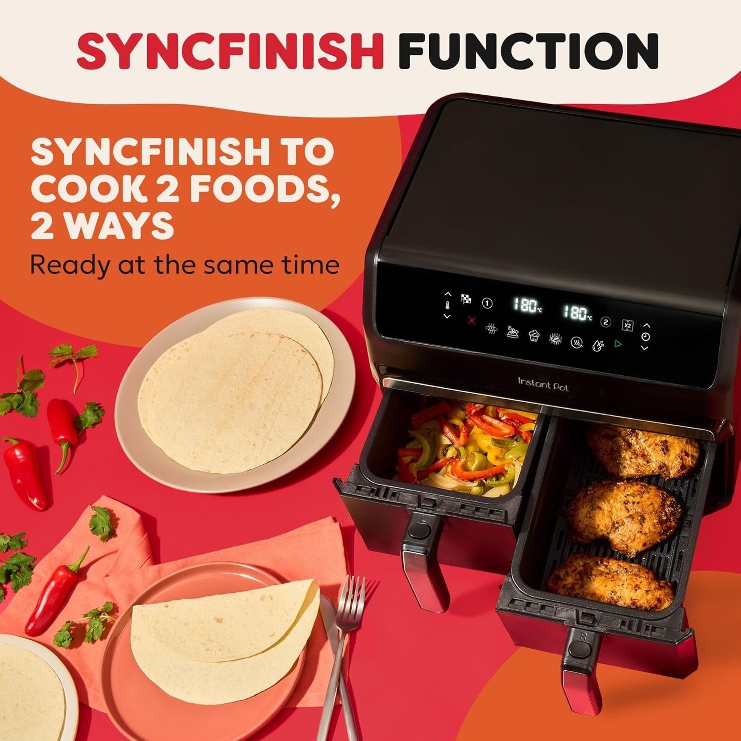 8L Dual Basket Air Fryer 8-in-1 Digital Twin Zone Grill Bake Roast Reheat