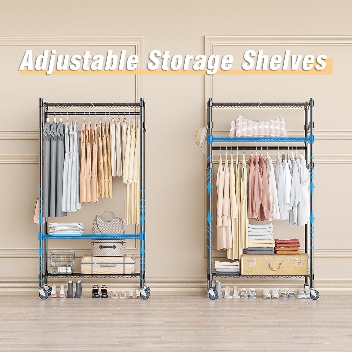 Heavy Duty 3-Tier Double Rod Clothes Rail with Wheels – Black 205cm