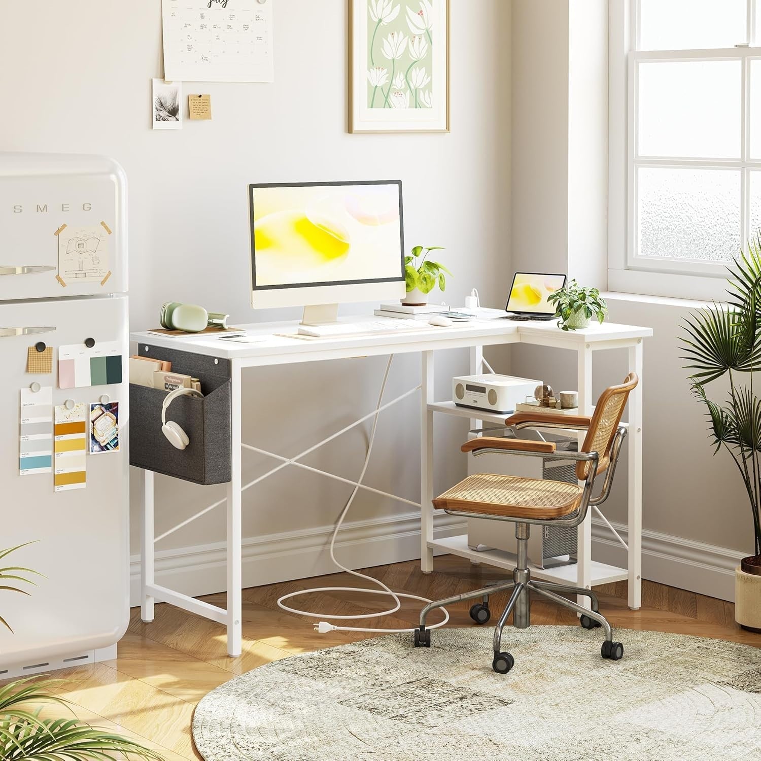 White L-Shaped Computer Desk 140x70cm with USB Power Outlets & Shelves