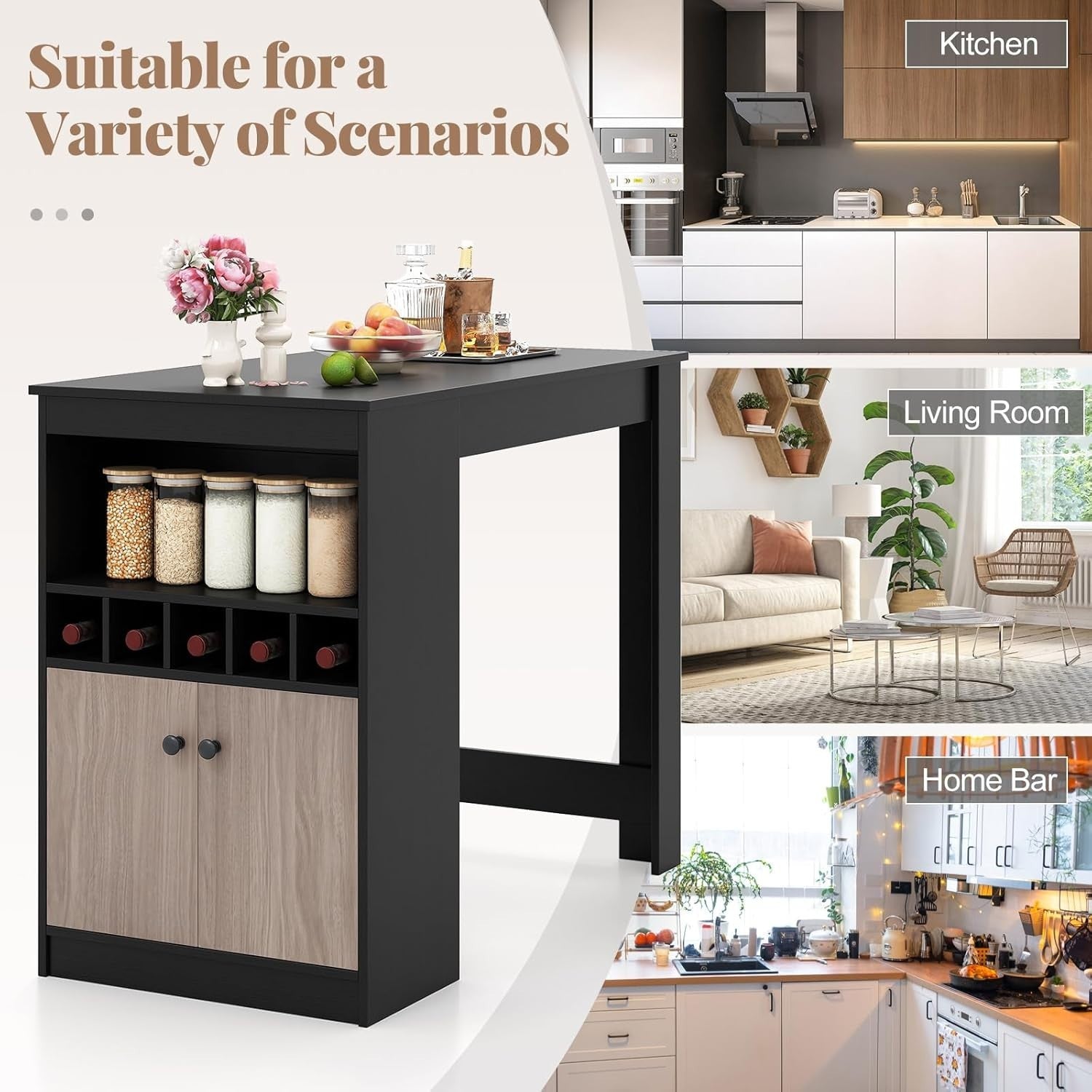 120cm Counter Height Bar Table with Storage, Wine Rack & Adjustable Shelf Unit