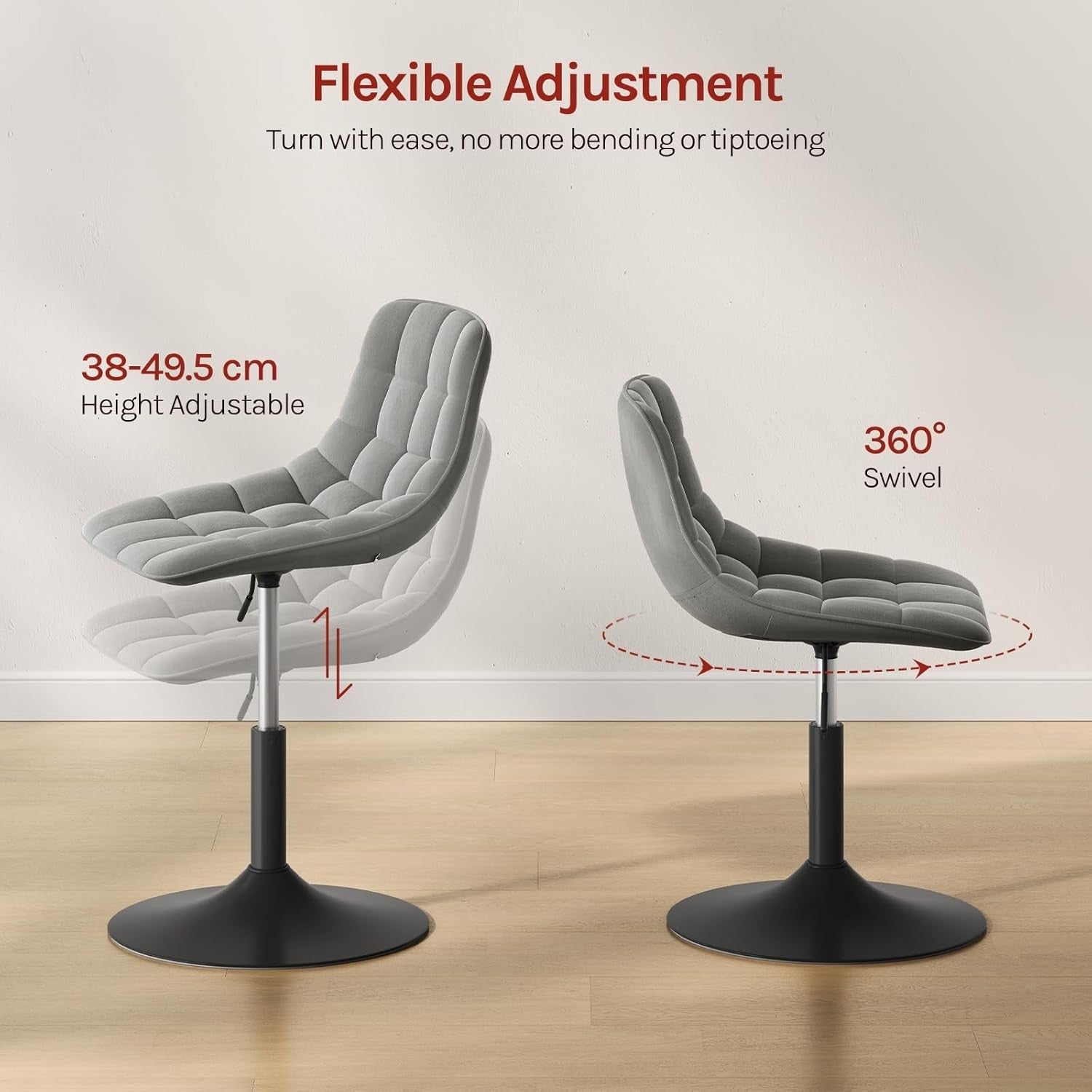 Light Grey Velvet Swivel Vanity Stool Height Adjustable Dressing Chair