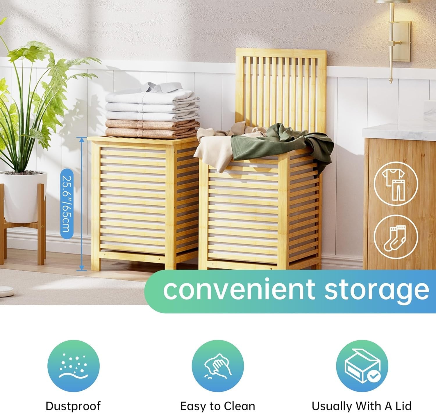 Natural Bamboo Double Laundry Hamper with Lid 120L 2 Section Basket 47x47x65cm