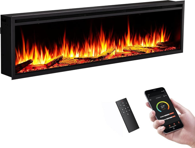 72" Smart Electric Fireplace Inset WiFi Alexa Flame Media Wall Feature