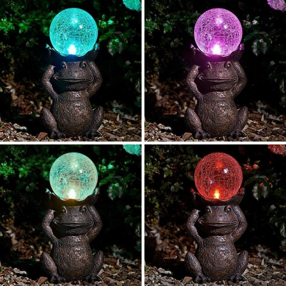 Solar Frog Garden Ornament with Colour Changing LED Globe Outdoor Statue 40cm
