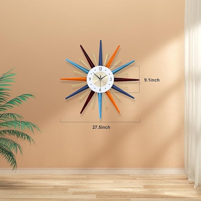 27.5" Mid Century Starburst Wall Clock Modern Silent Metal Large Home Decor