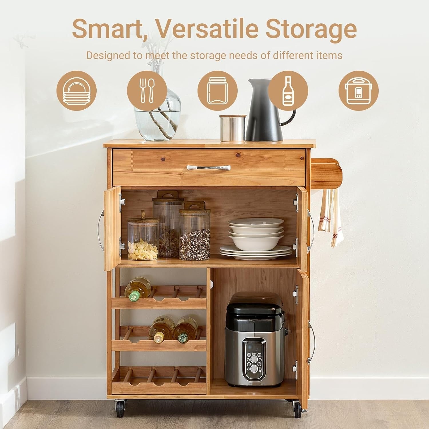 Solid Wood Kitchen Trolley 66cm Wine Rack Cart