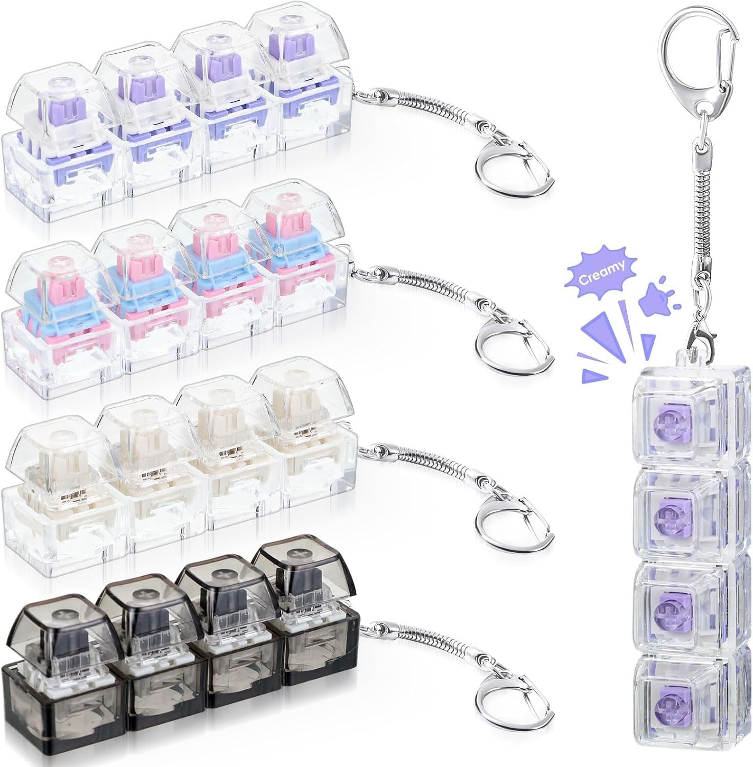 4pcs LED Keyboard Clicker Fidget Toy Stress Relief Keychain Set