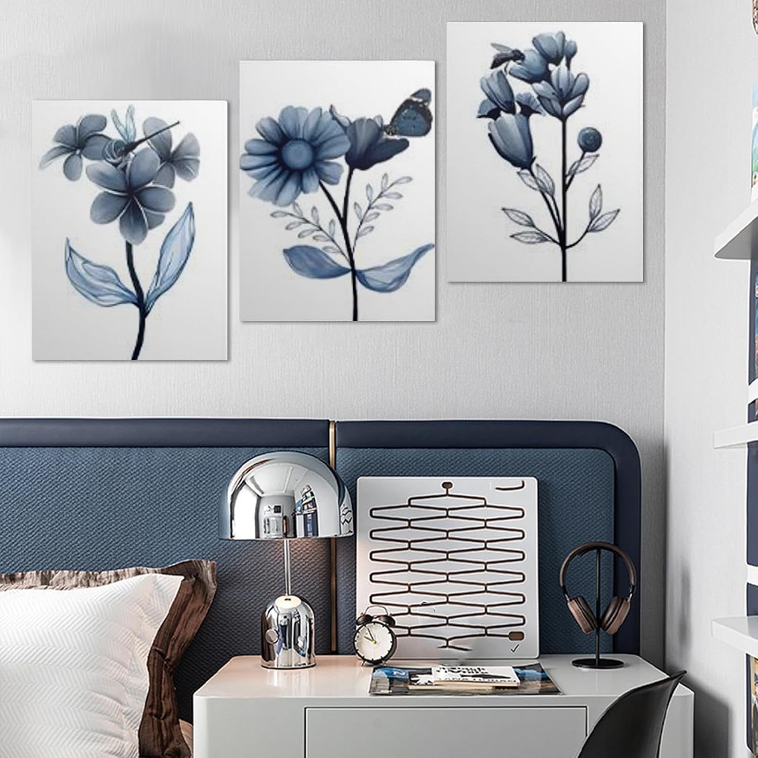 Blue Floral Wall Art Set of 3 Framed Canvas Prints 30x40cm Decor