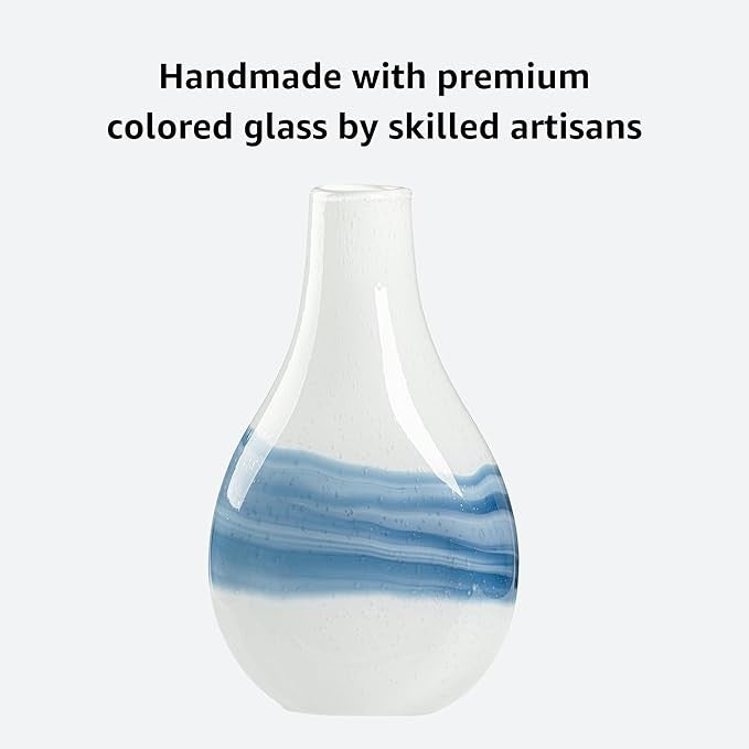 White Blue Hand Blown Glass Vase 36cm Coastal Modern Table Centerpiece