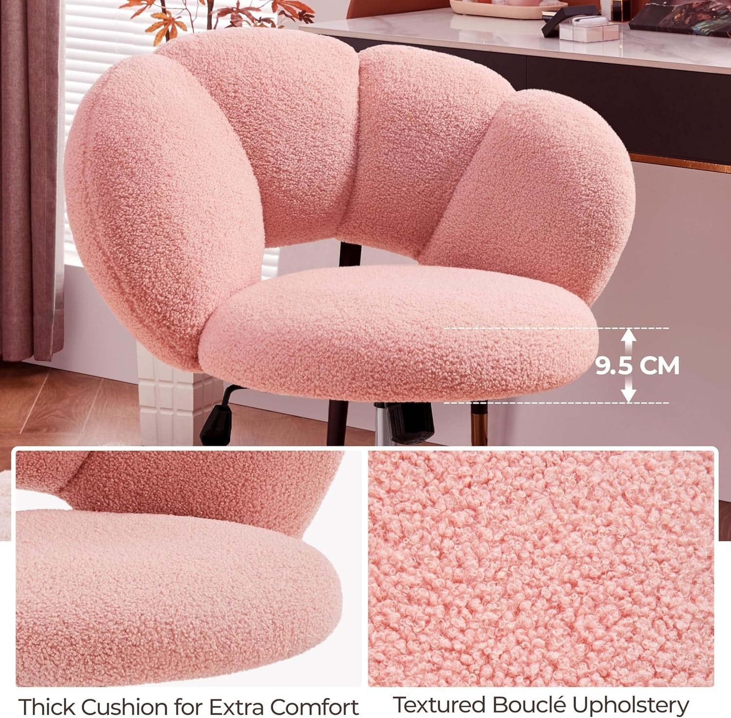 Pink Boucle Cloud Vanity Chair Swivel Adjustable Desk Chair with Wheels