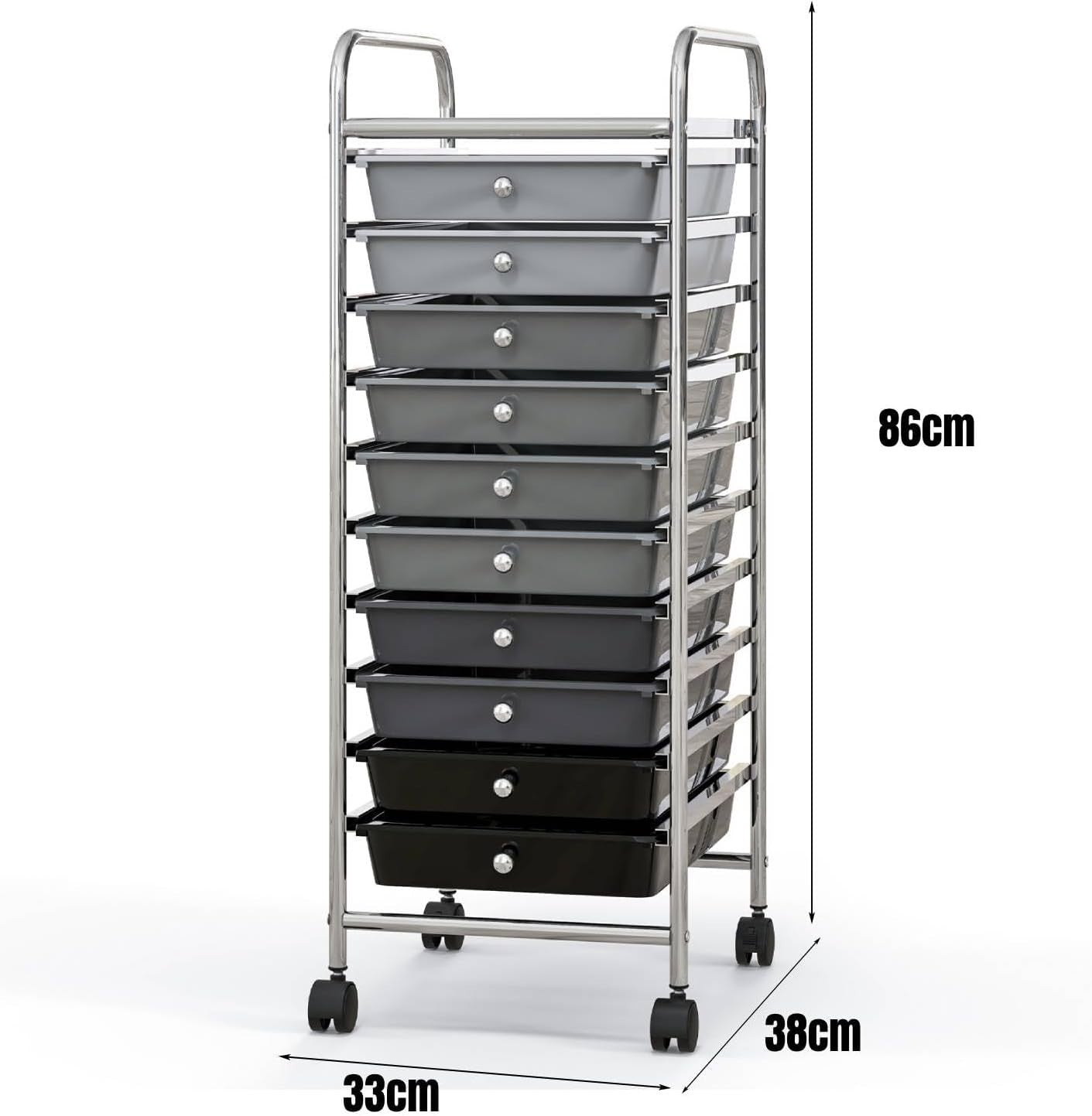 Gradient Black 10 Drawer Rolling Storage Trolley Salon Organizer Cart