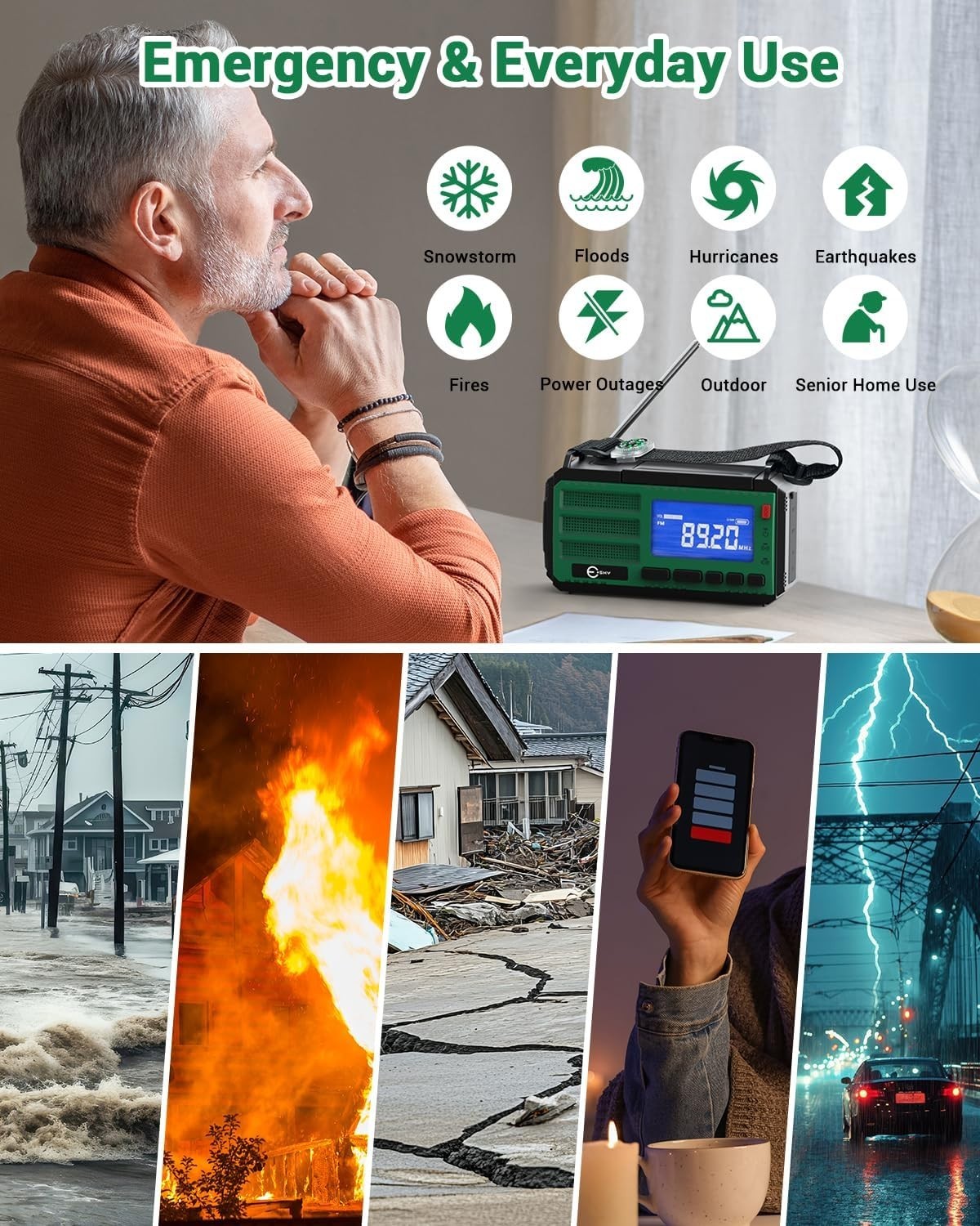 Emergency Wind Up Radio 10000mAh Solar USB Flashlight & SOS Alarm