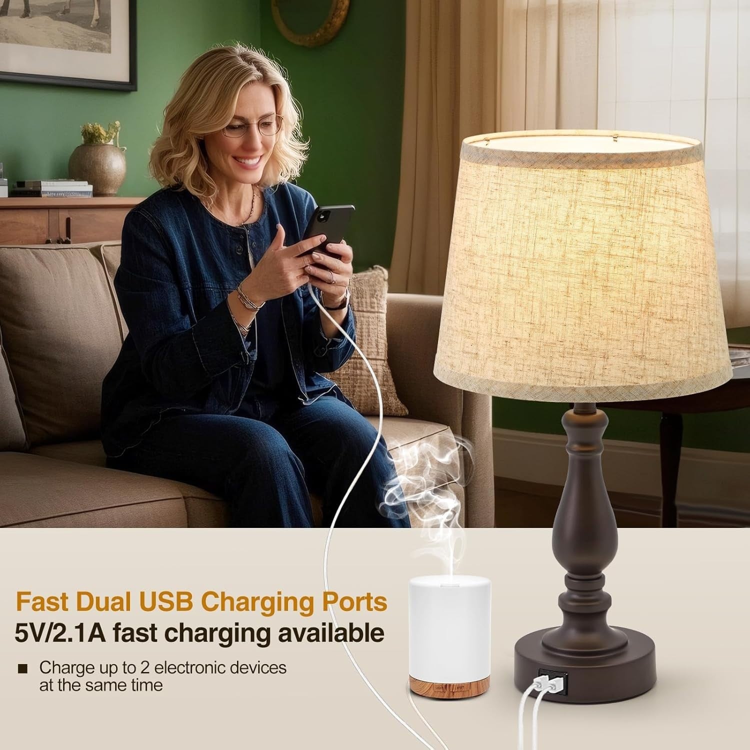 Touch Dimmable Bedside Table Lamps with Dual USB Charging, Set of 2