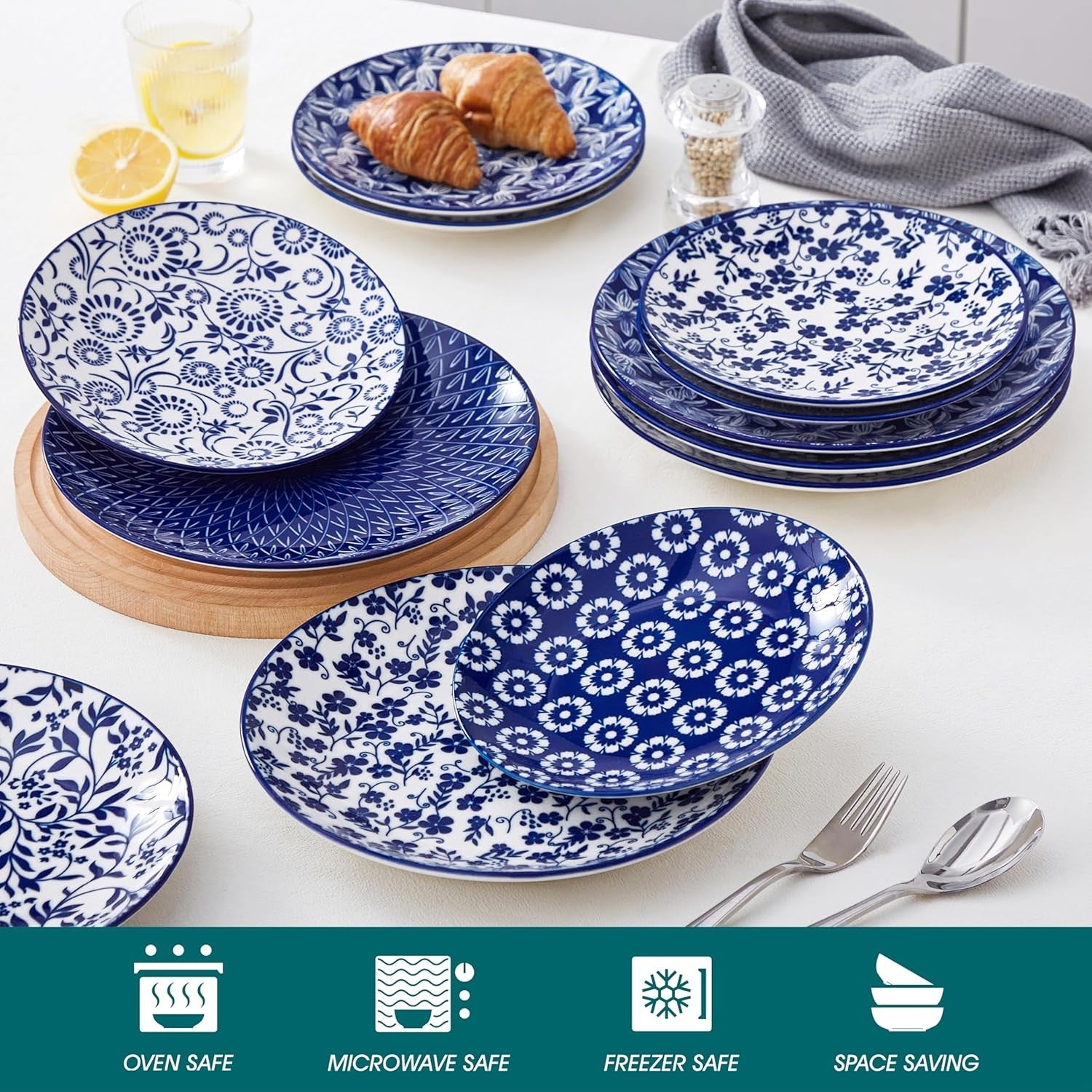 Set of 6 Vintage Blue Dinner Plates 10.25in Ceramic Scratch Resistant