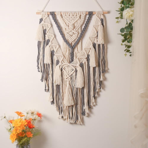 Boho Wall Hanging Tapestry 70x40cm Beige Grey Cotton Twine Decor