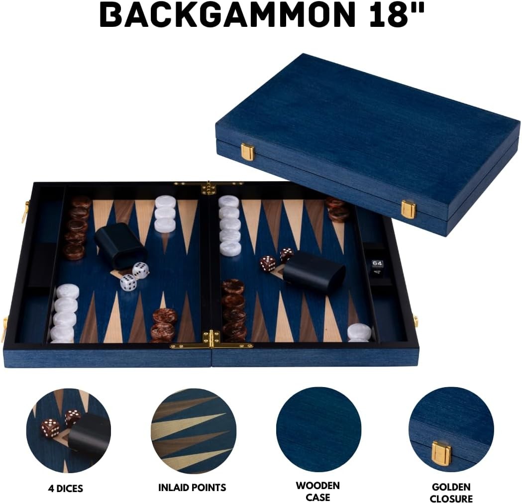 18” Luxury Burl Wood Backgammon Set Walnut Inlay Foldable Board Game
