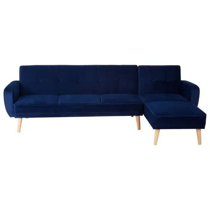 Navy Velvet Corner Sofa Bed 3 Seater Modern L-Shaped Soft Touch Couch