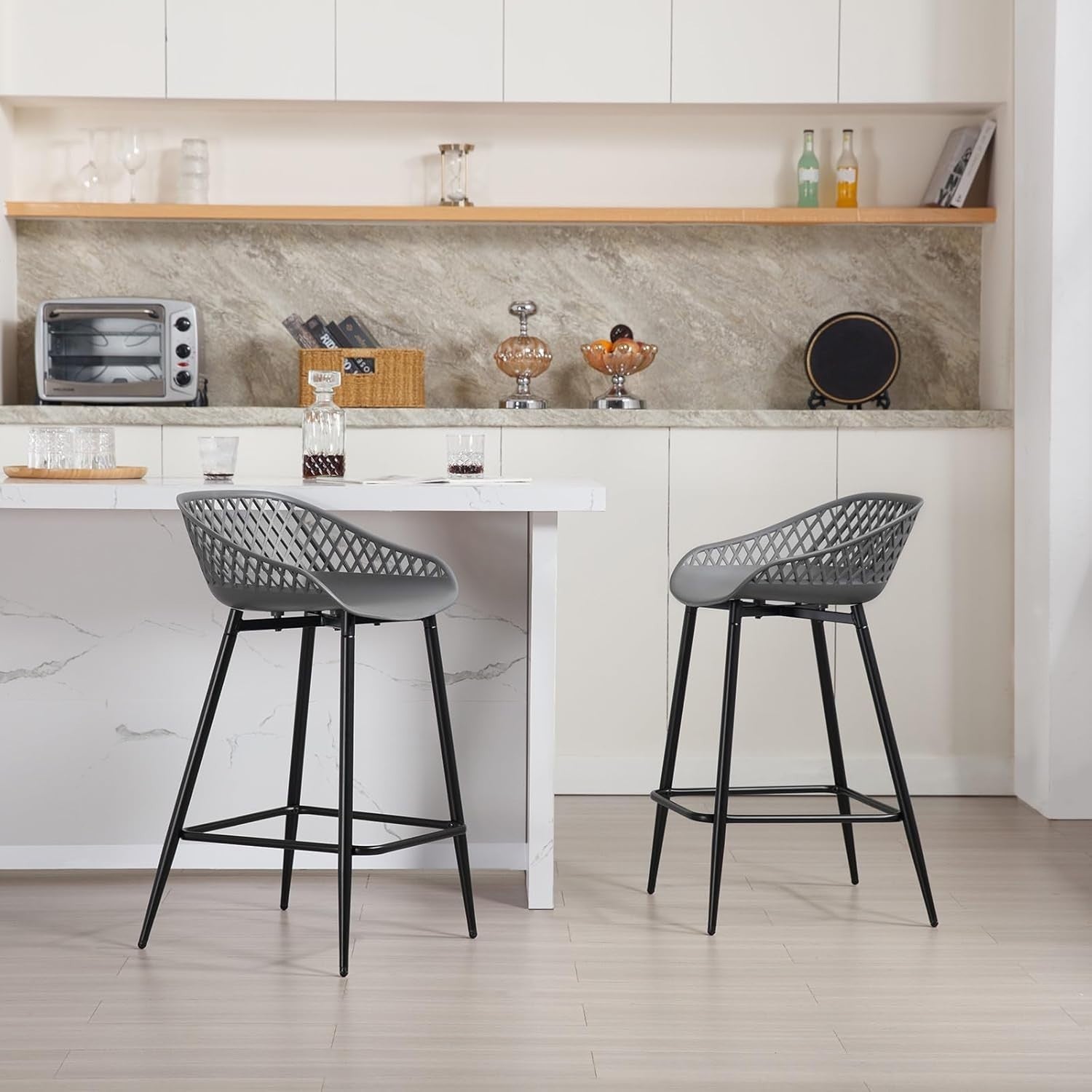 Grey PP Bar Stools Set of 2 with Backrest Footrest Kitchen Counter