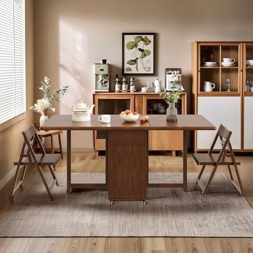 Space-Saving Folding Drop Leaf Dining Table with 6 Chairs Walnut Set