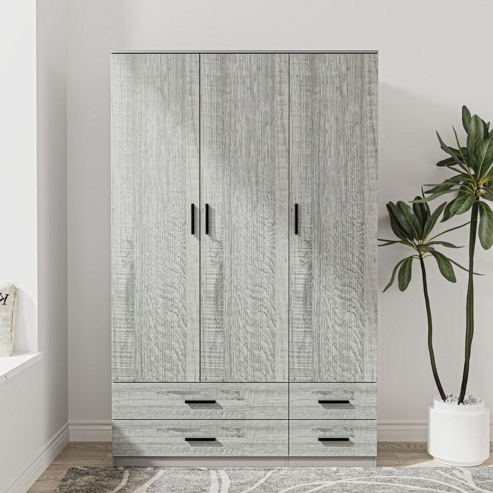 3 Door 4 Drawer Wardrobe with Hanging Rail Bedroom Storage Grey & Ash Grey