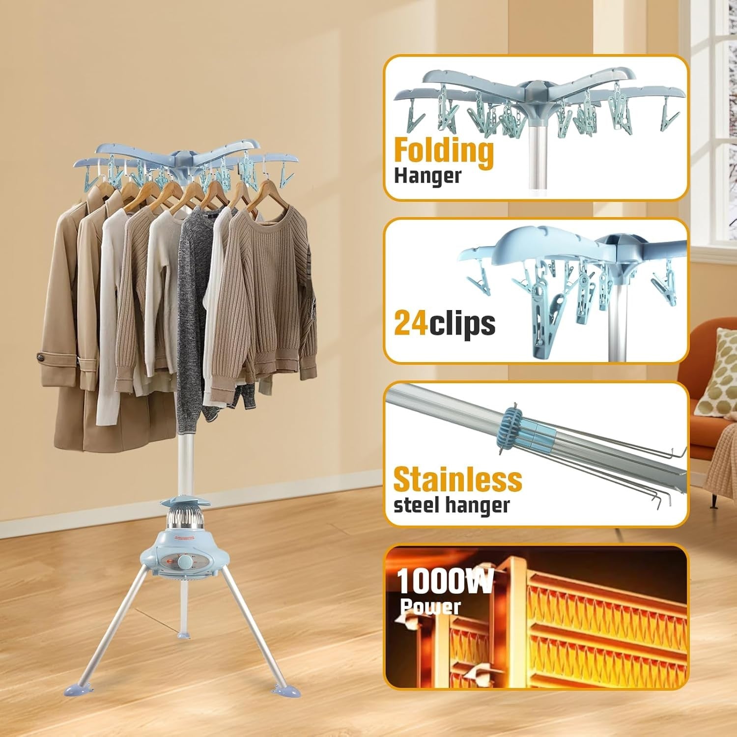 Heated Clothes Dryer 1000W 2 Tier Portable Drying Rack with Cover Timer