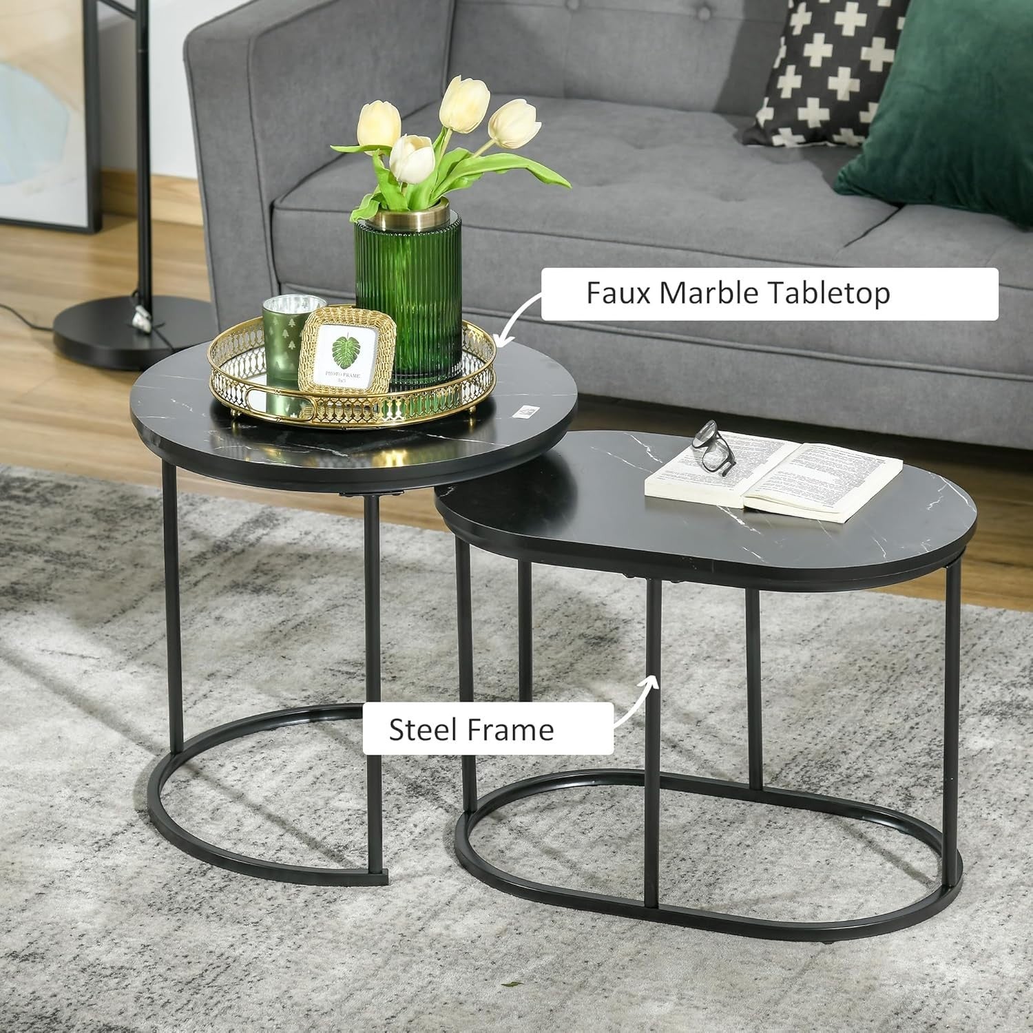 Nesting Coffee Table Set of 2 Black Faux Marble End Tables Round Oval