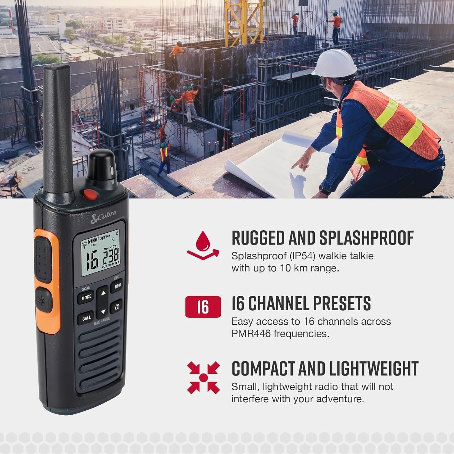 Rugged PMR446 Walkie Talkies 2 Pack Rechargeable IP54 10KM Radios