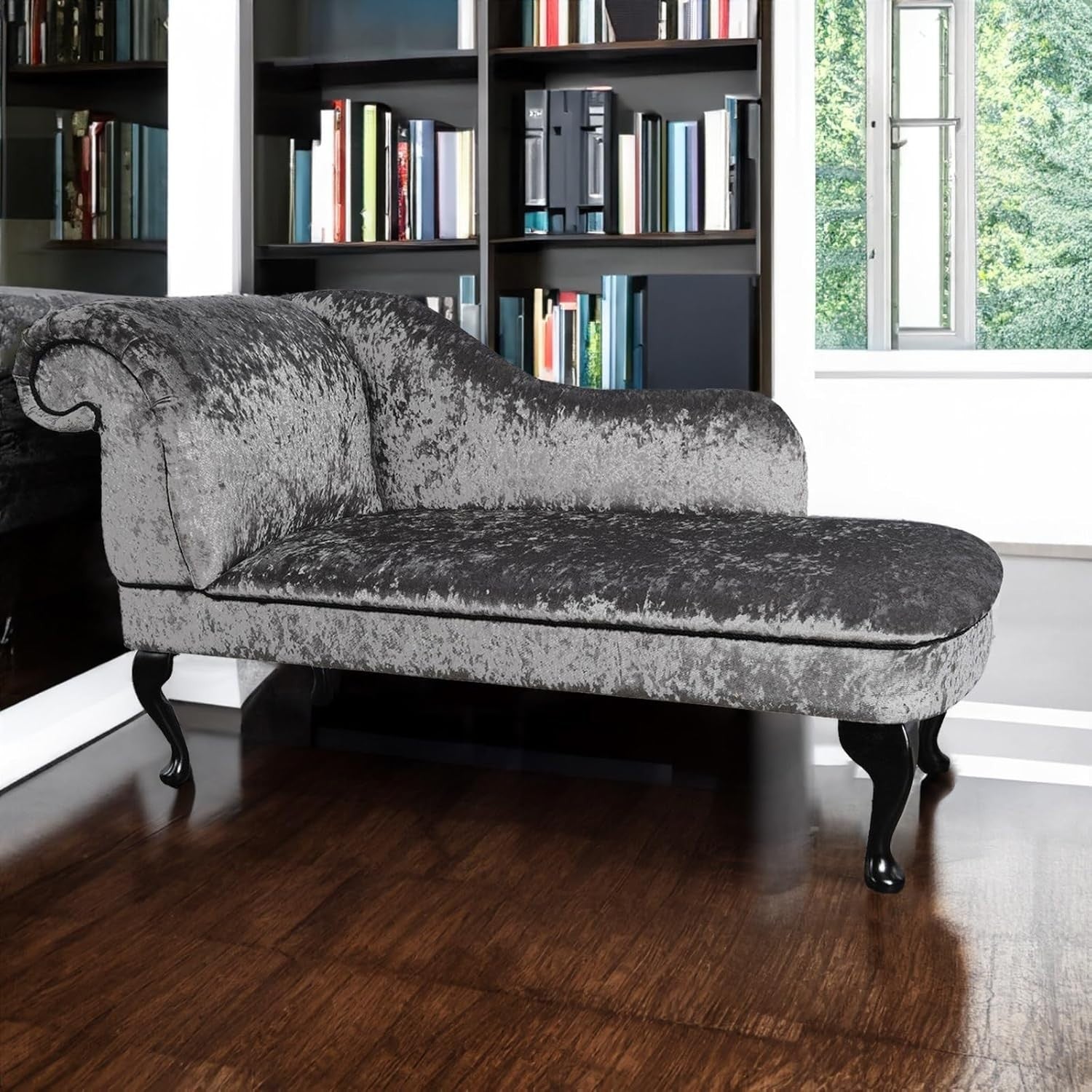 Shimmer Velvet Chaise Lounge Sofa Steel – Left Hand, UK Handmade