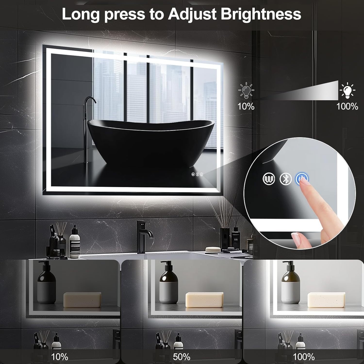 LED Bluetooth Bathroom Mirror 80x60cm Anti-Fog Dimmable Touch Light