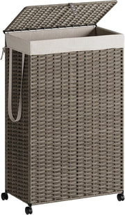 70L Slim Rattan Laundry Hamper with Wheels Lid & Removable Bag Grey Basket