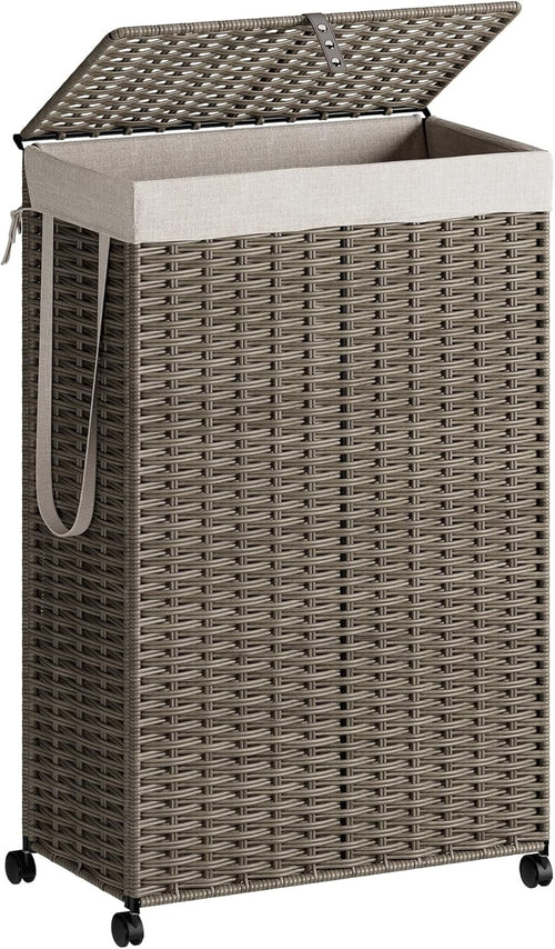 70L Slim Rattan Laundry Hamper with Wheels Lid & Removable Bag Grey Basket