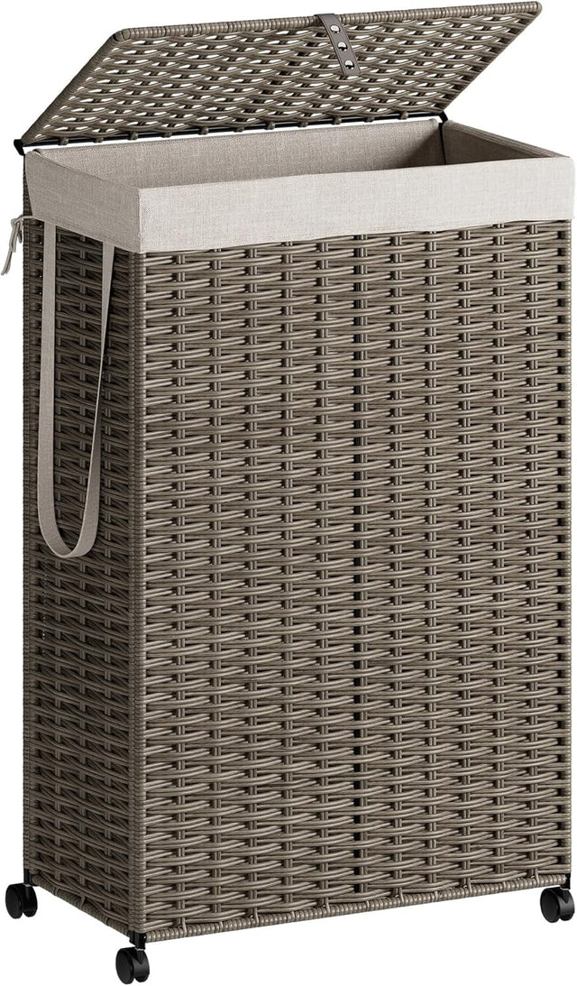 70L Slim Rattan Laundry Hamper with Wheels Lid & Removable Bag Grey Basket