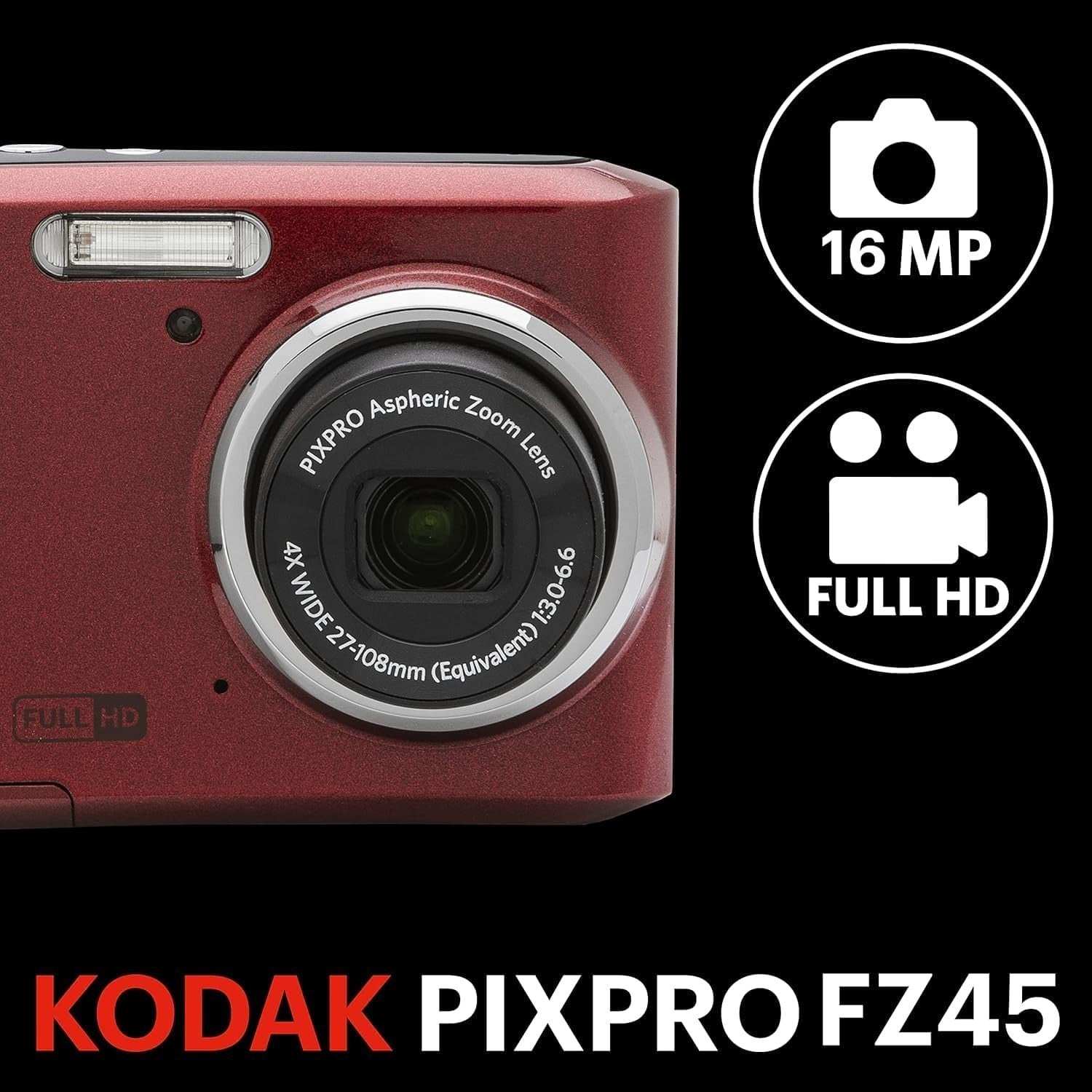 16MP Compact Digital Camera 4X Optical Zoom HD Video Red Camera