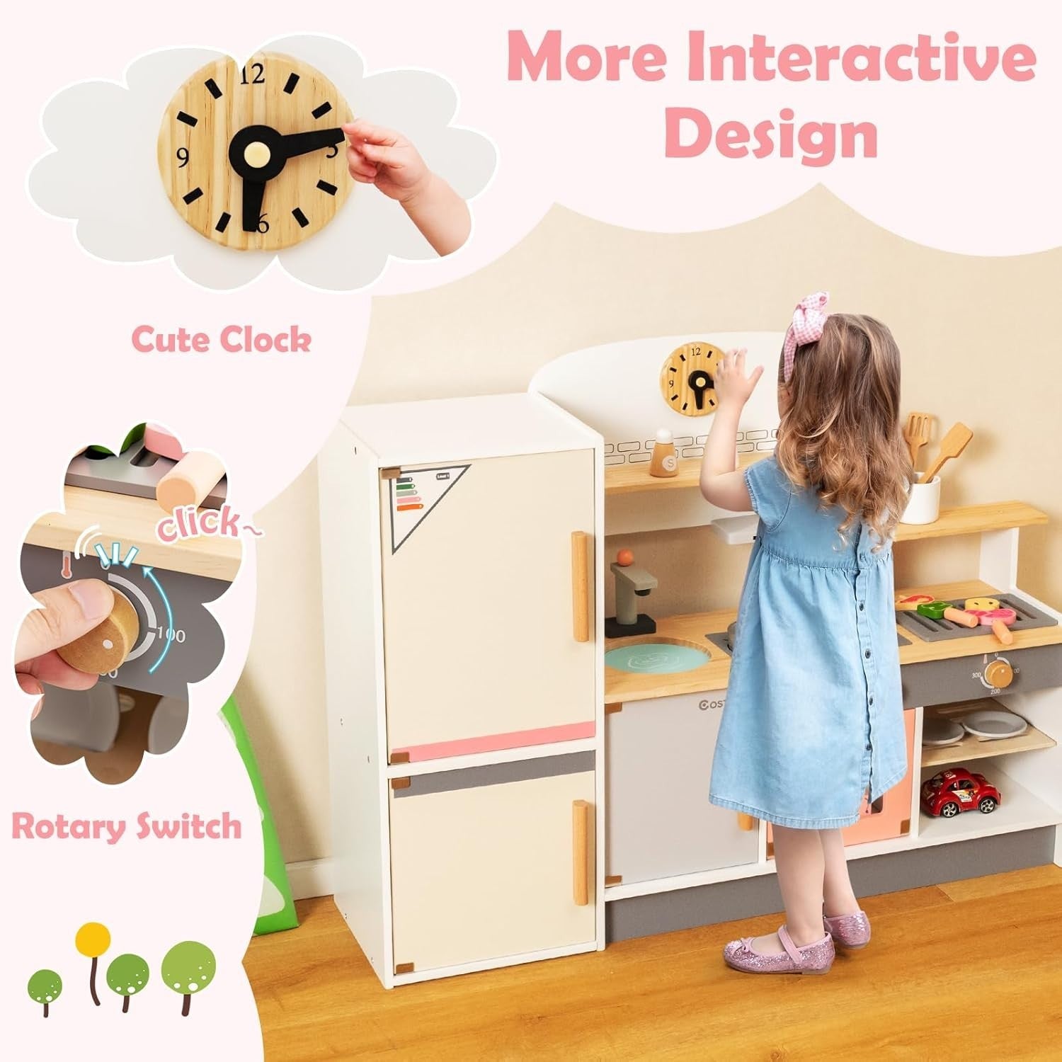 Wooden Kids Play Kitchen BBQ Grill Fridge Sink Toy Set Accessories