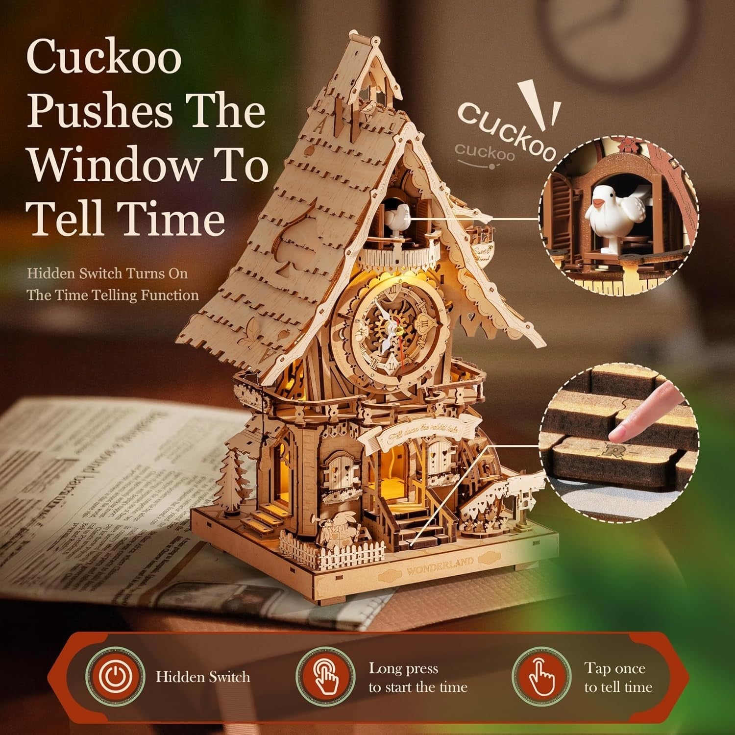 3D Wooden Cuckoo Clock Puzzle DIY Model Kit LED Light Desk Decor Gift