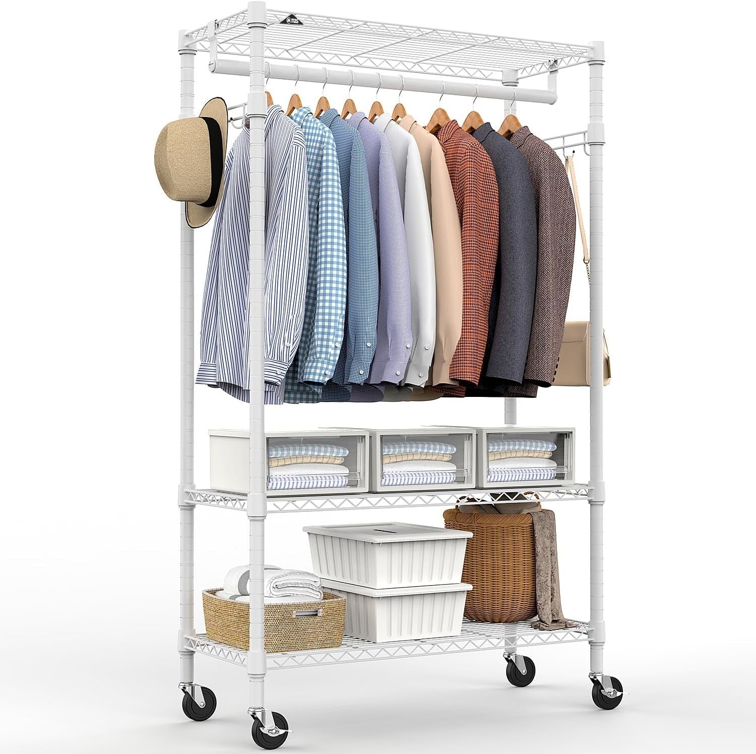 White Heavy Duty Garment Rack – 3 Tier, 1 Rod, 189cm with Wheels