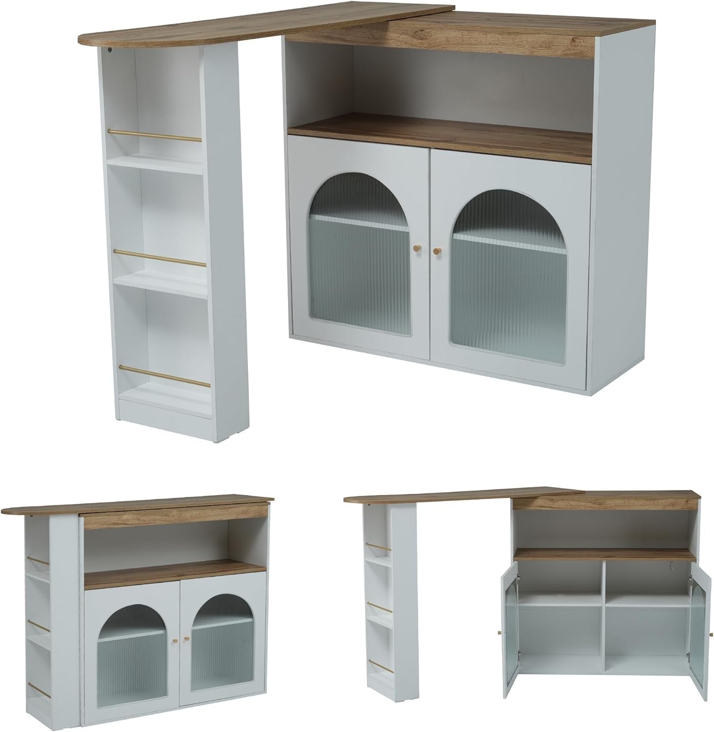 Extendable Rotating Kitchen Island Bar Table with Storage Cabinet & LED Light