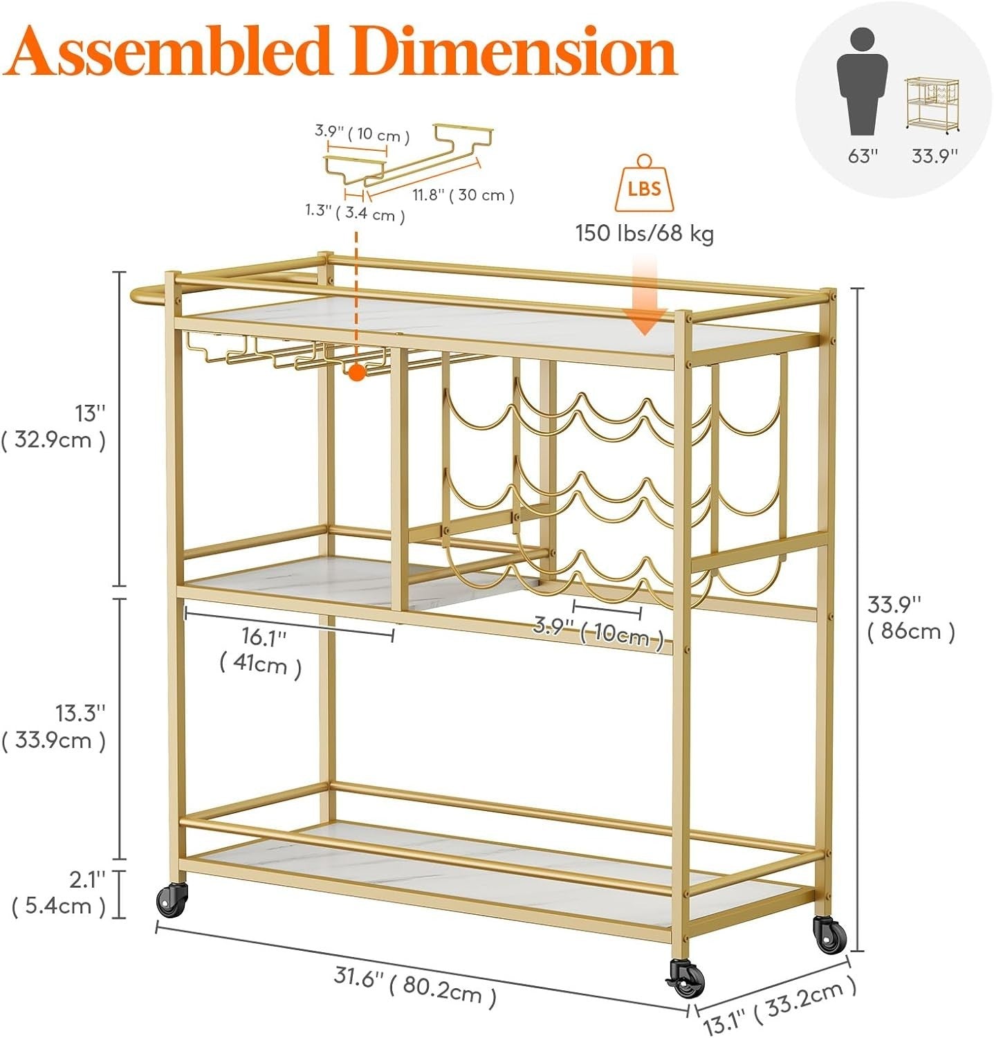 Gold Drinks Trolley 3 Tier Bar Cart with Wine Rack & Glass Holder Lockable Wheel