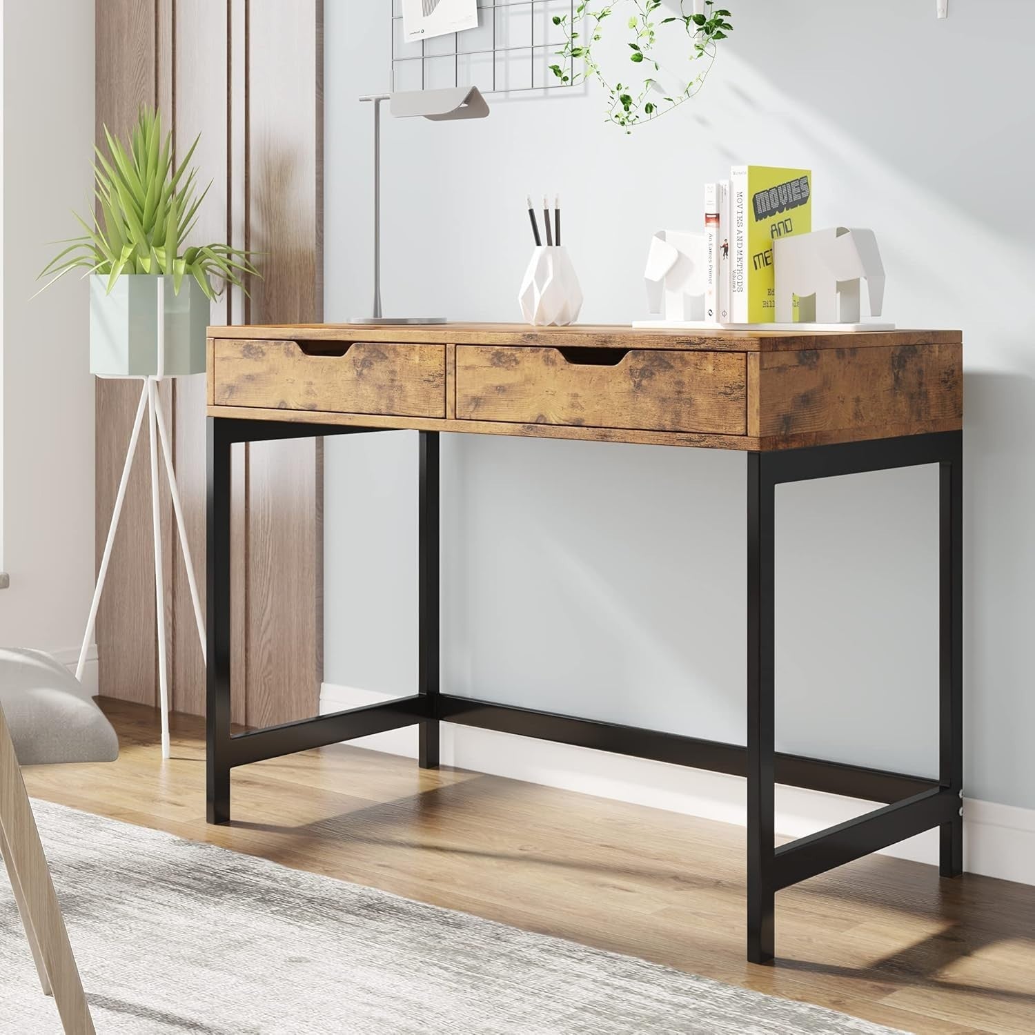 Rustic Brown Black Computer Desk Home Office Workstation Kids Dressing Table 2 D