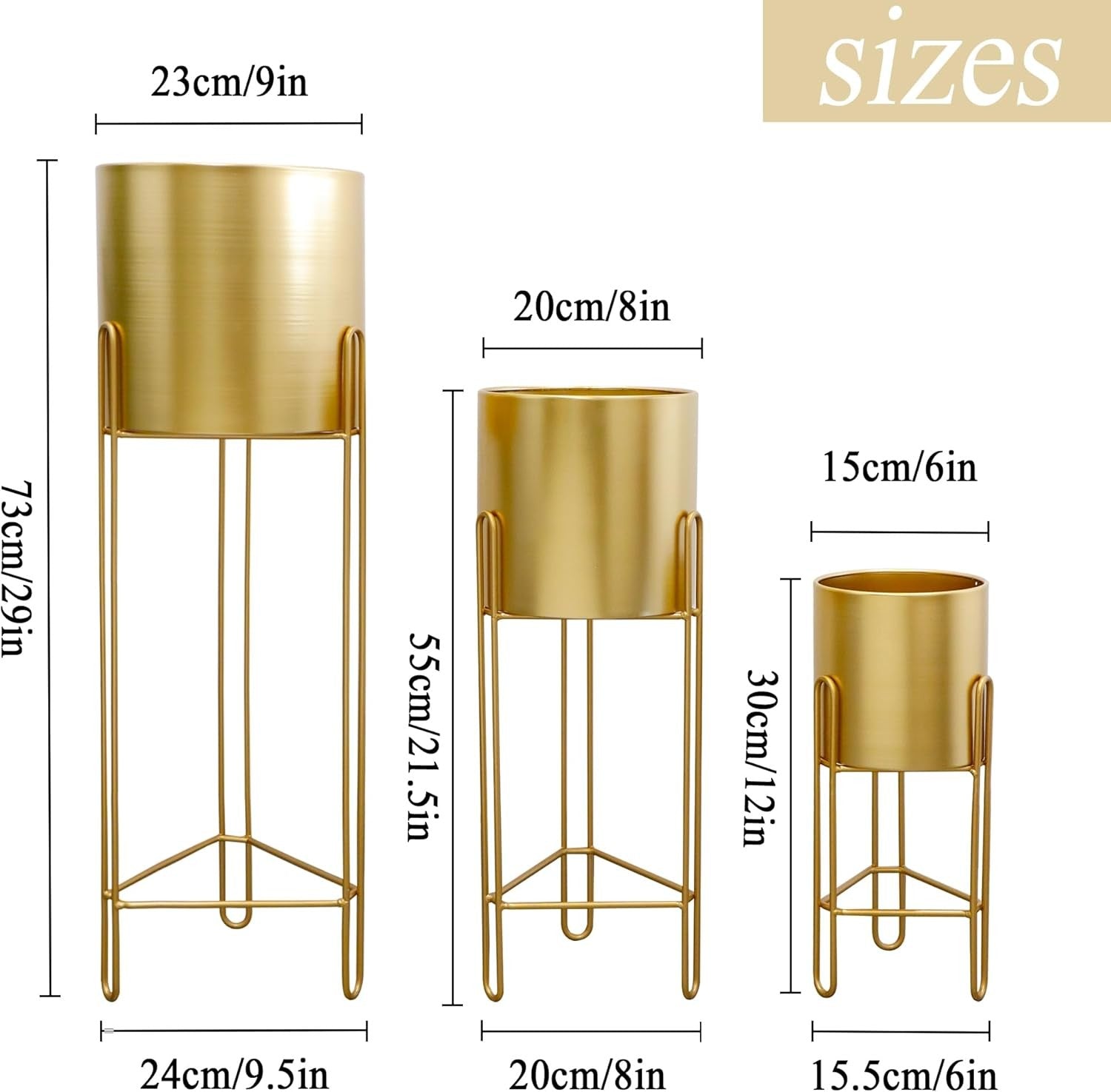 Set of 3 Gold Metal Plant Stands with Pots Modern Tall Indoor Decorative Planter