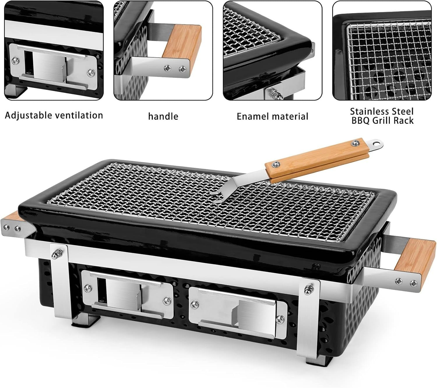 Portable Ceramic Charcoal BBQ Grill Tabletop Stainless Steel Grate