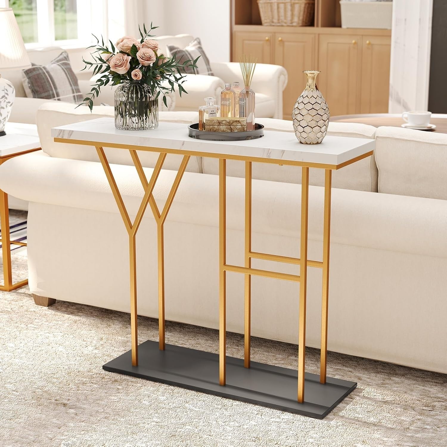 Slim Console Table Faux Marble Hallway Desk | Gold Frame, 2 Tier Storage
