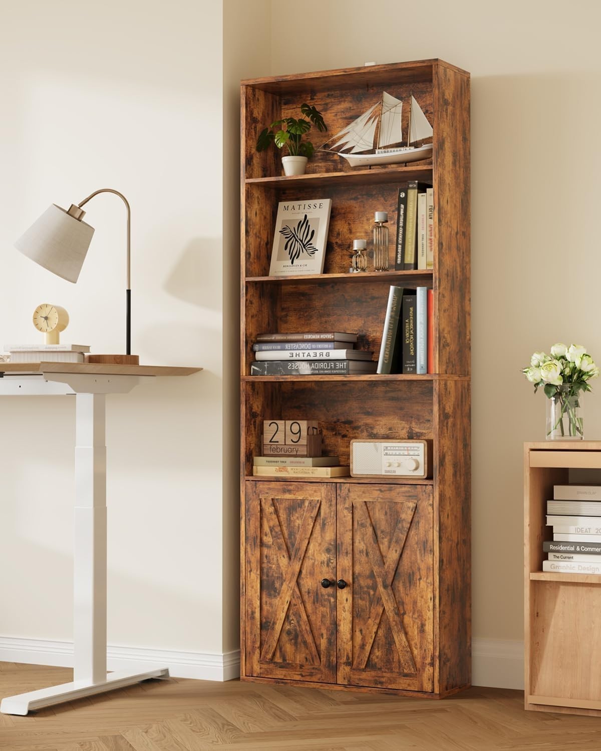 6 Tier Tall Retro Brown Bookcase with Doors Storage Display Shelf 60x23.5x180cm