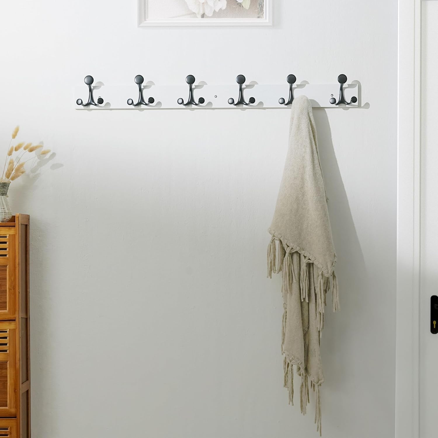 White Wall Coat Rack 6 Triple Hooks | 99cm Wooden Hanging Rail Organizer