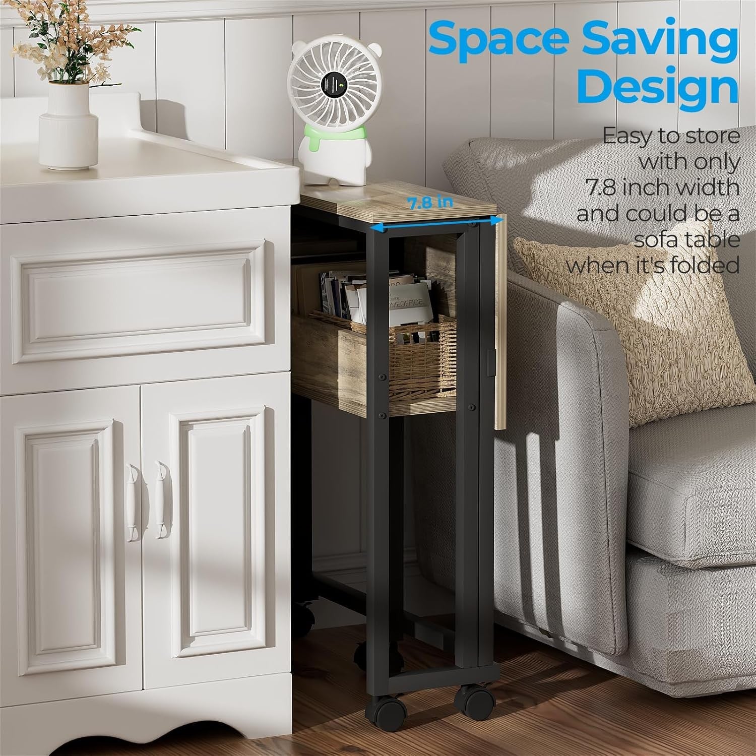 Small Folding Computer Desk on Wheels with Storage Shelf Space Saving